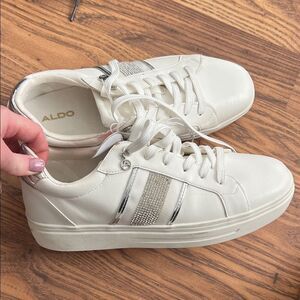Aldo Women's White and Silver Sneakers